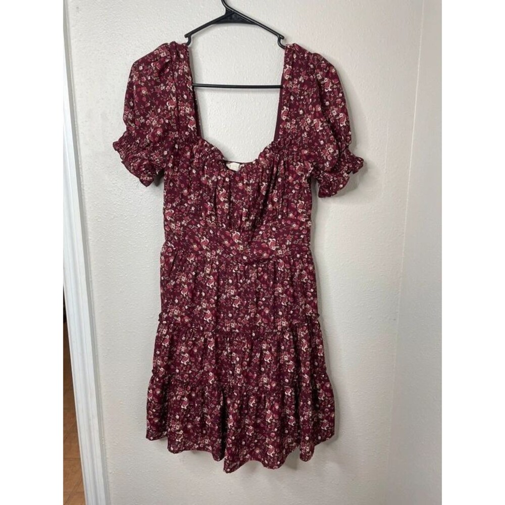 Altar’d State Burgundy Floral Puff Sleeve Tiered Midi Dress Size Medium